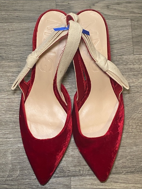 Mng Shoes - Red Velvet Pointed Slingback heels with Beige Tie Detail